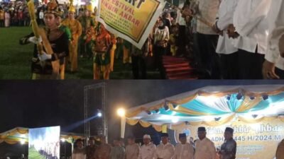 Pj Gubsu diwakili Sekretaris DPRD Sumut Dr Zulkifli SIP MM bersama anggota DPRD Sumut Wagirin Arman selaku pemrakarsa kegiatan dan Forkopimda, Forkopimca saat pembukaan Festival Takbir Akbar dan Pawai Obor di di Lapangan Desa Klambir V Kebun, Kecamatan Hamparan Perak, Kabupaten Deli Serdang, Sumatera Utara, Minggu (16/06/24) malam.